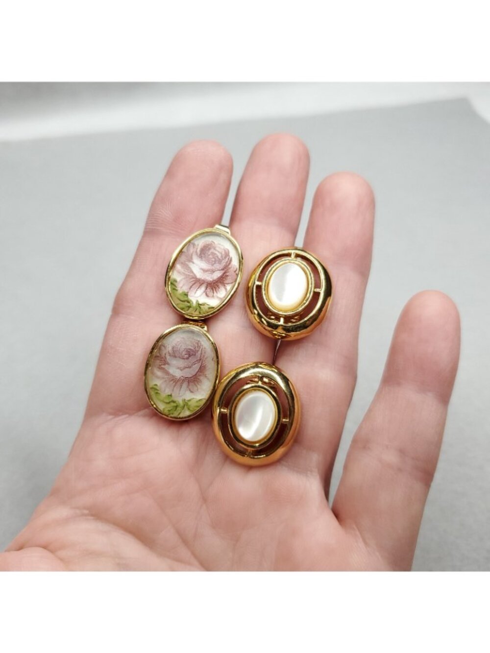 Vintage Clip On Earring Lot Gold Tone Pink White Faux Pearl Kitty Cat MOP 6 pr - Picture 5 of 8